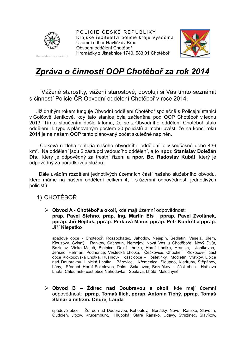 Zpráva O Činnosti PČR OO Chotěboř 2014