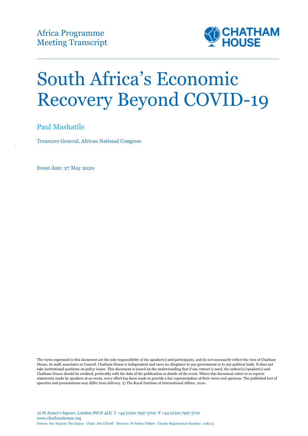 South Africa's Economic Recovery Beyond COVID-19