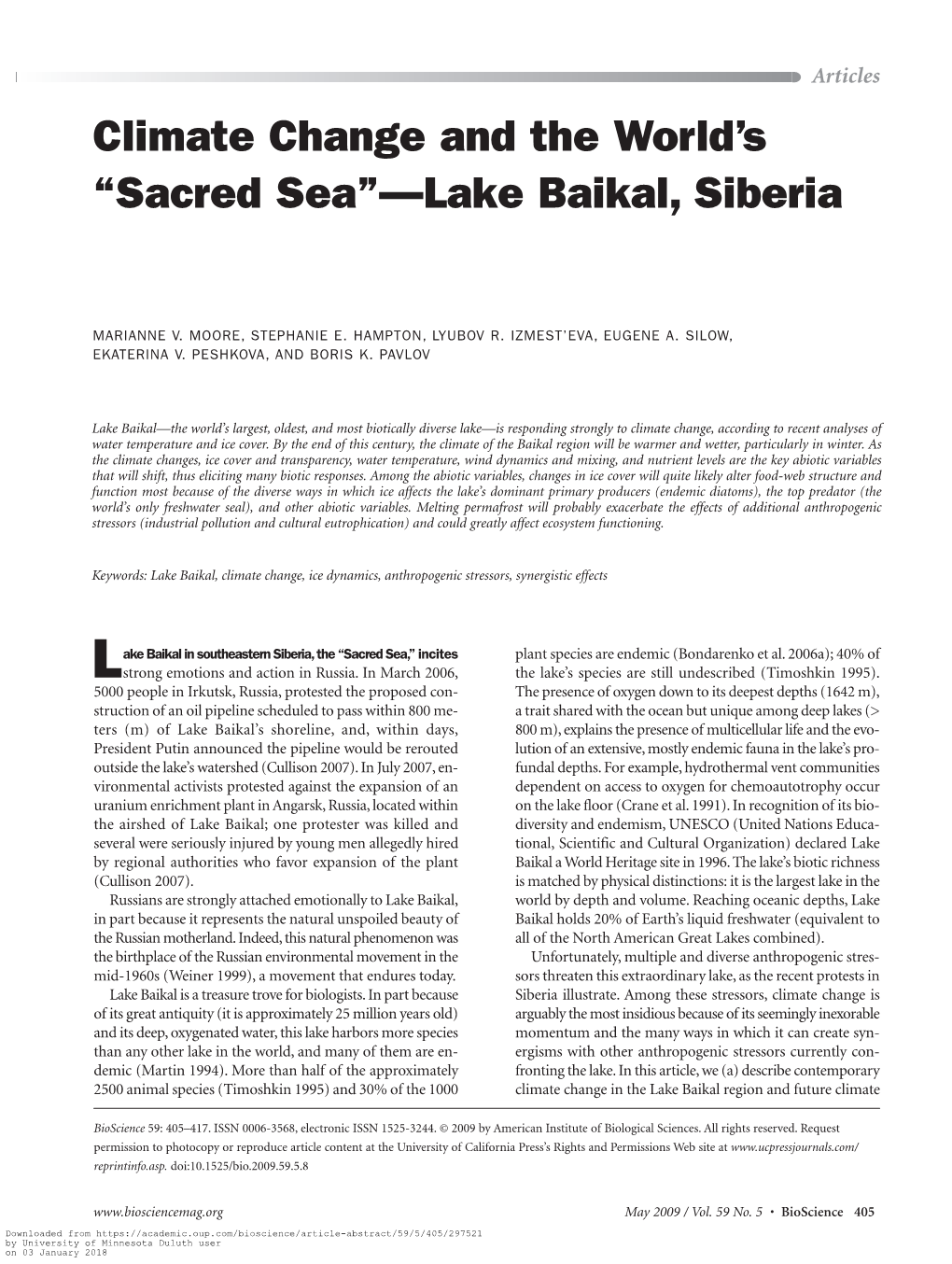 Climate Change and the World's “Sacred Sea”—Lake Baikal, Siberia