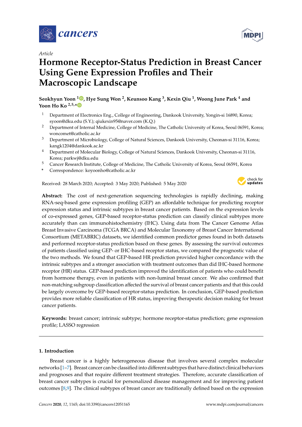 Hormone Receptor-Status Prediction in Breast Cancer Using Gene Expression Proﬁles and Their Macroscopic Landscape