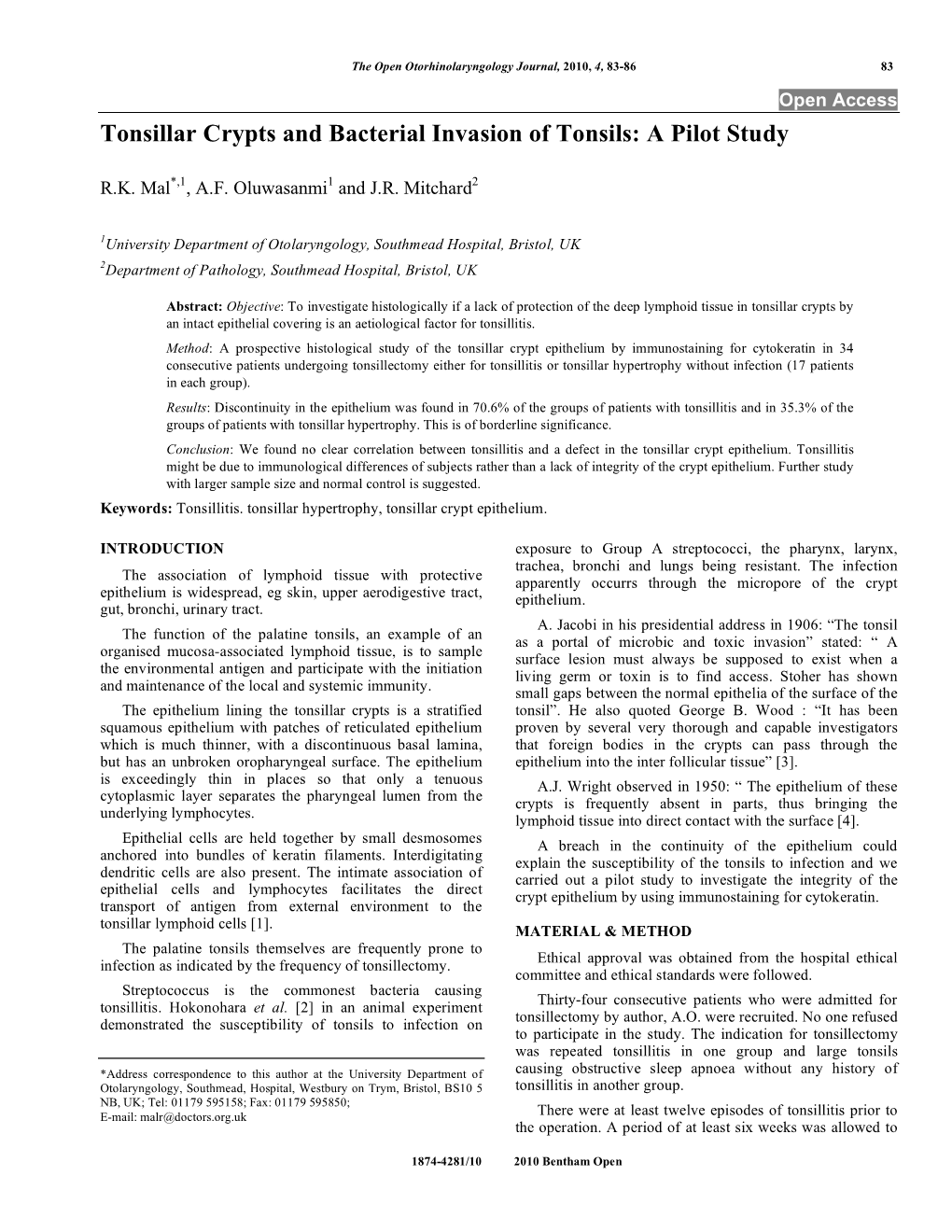 Tonsillar Crypts and Bacterial Invasion of Tonsils: a Pilot Study