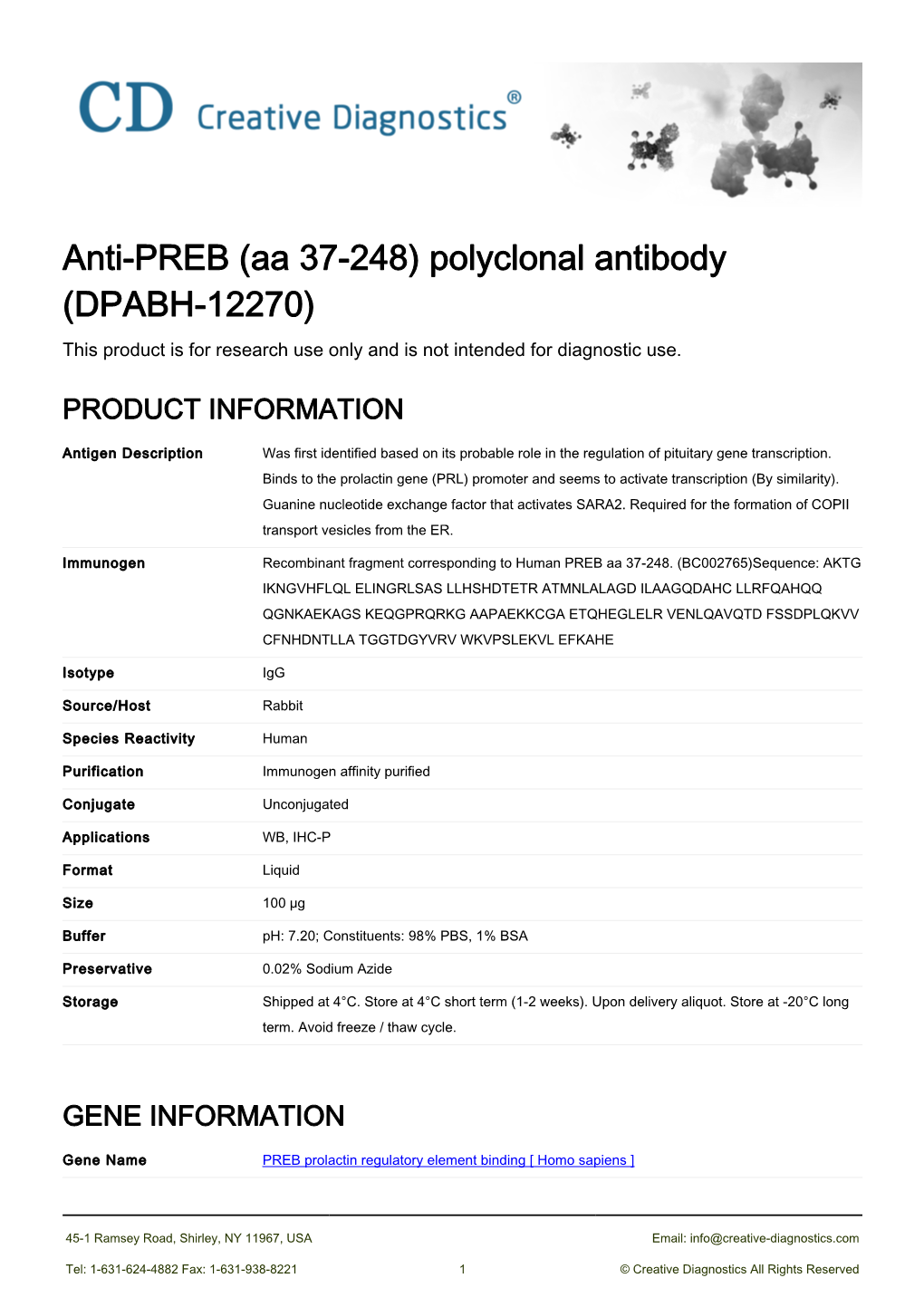 Anti-PREB (Aa 37-248) Polyclonal Antibody (DPABH-12270) This Product Is for Research Use Only and Is Not Intended for Diagnostic Use