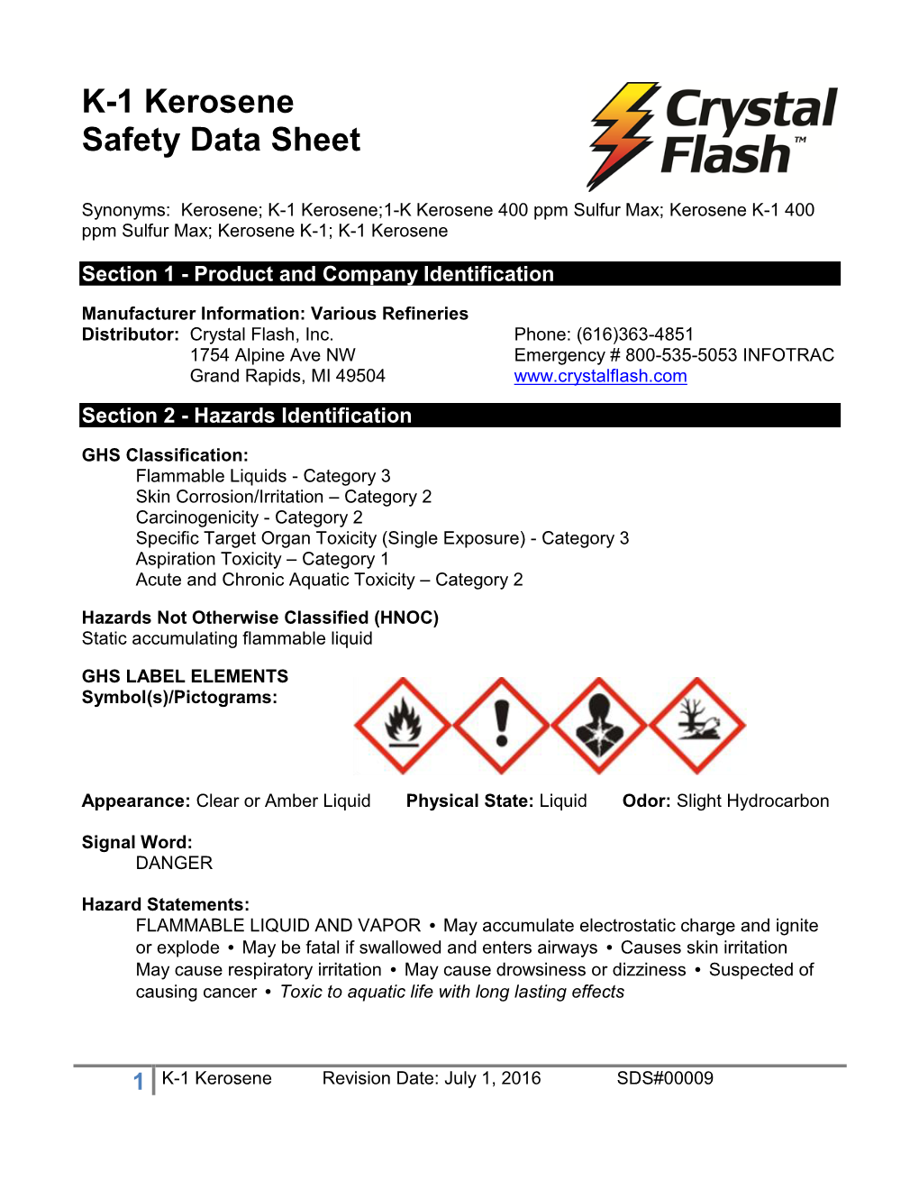 K-1 Kerosene Safety Data Sheet