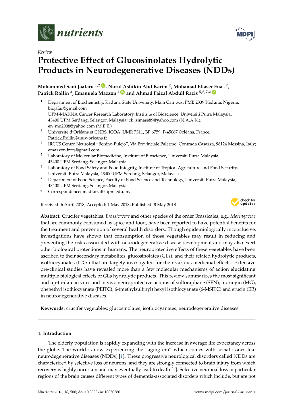 Protective Effect of Glucosinolates Hydrolytic Products in Neurodegenerative Diseases (Ndds)