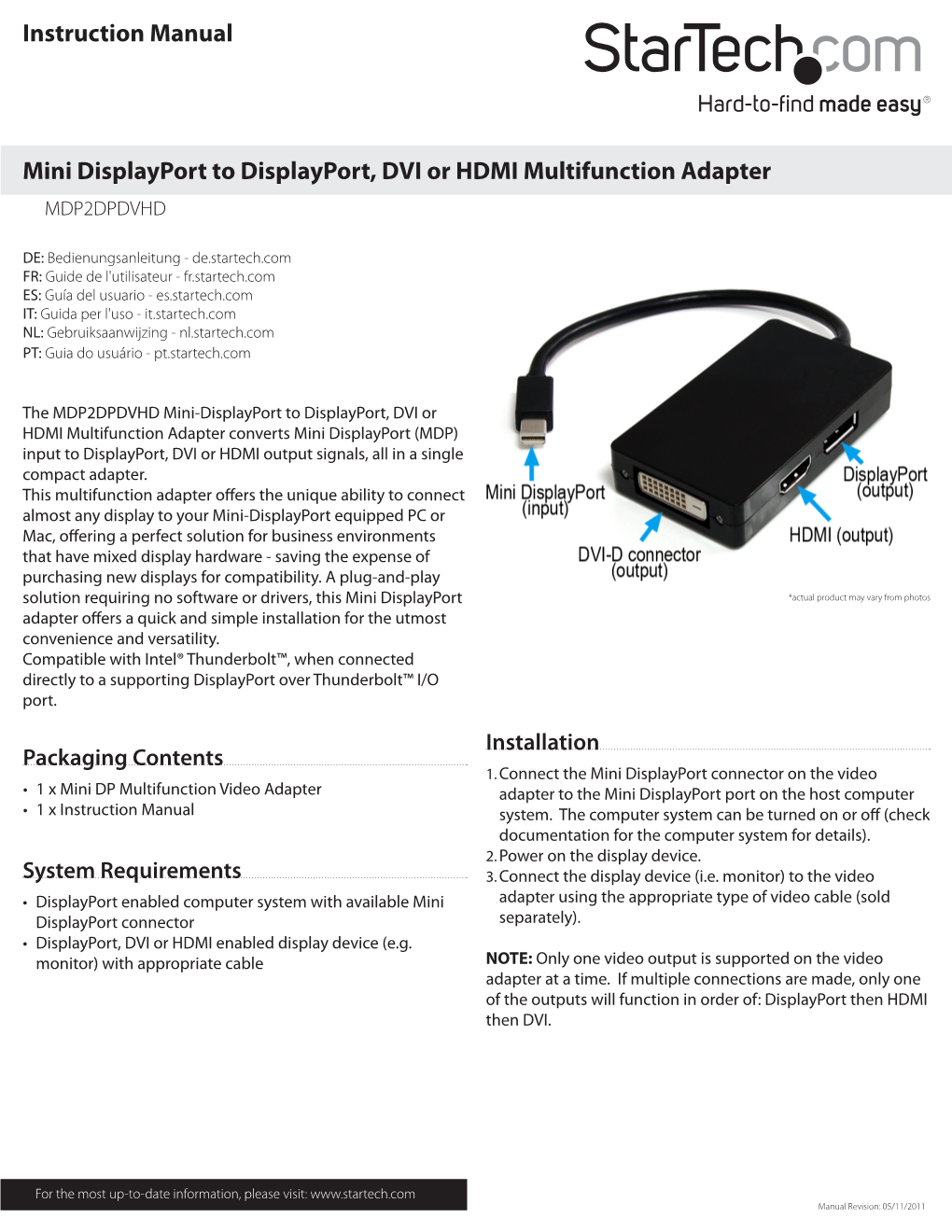 Instruction Manual Mini Displayport to Displayport, DVI Or HDMI
