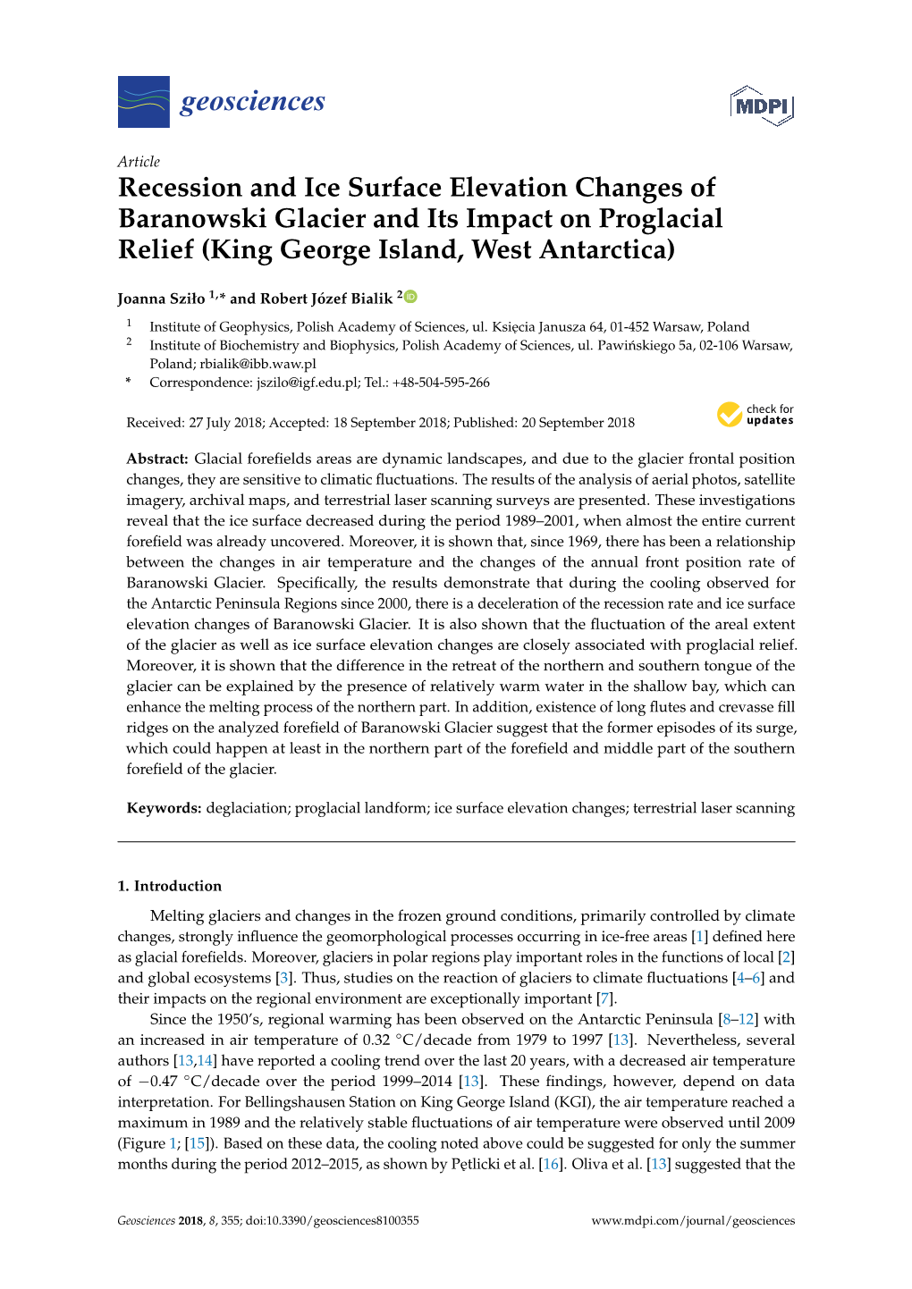 Recession and Ice Surface Elevation Changes of Baranowski Glacier and Its Impact on Proglacial Relief (King George Island, West Antarctica)