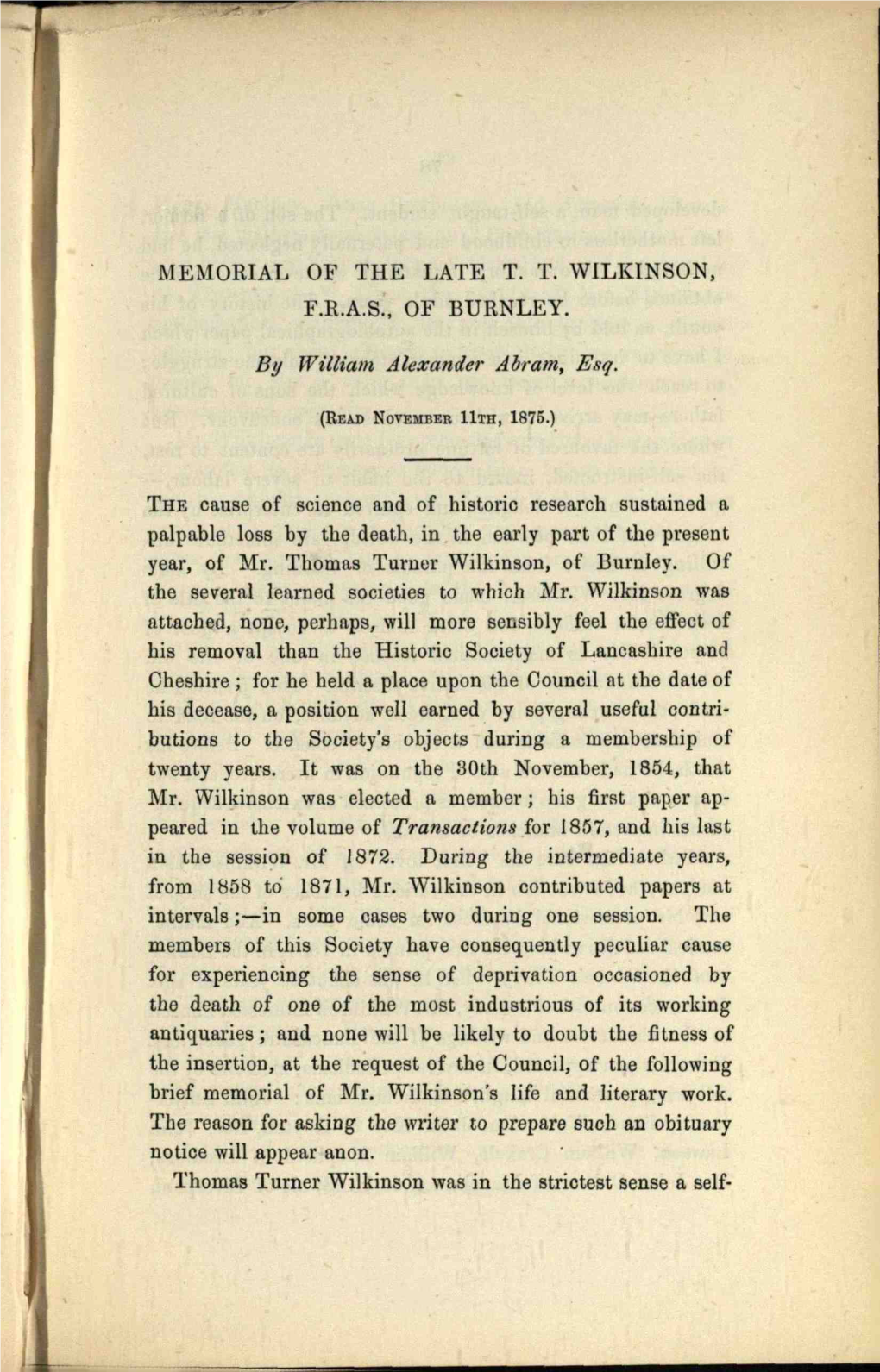 Memorial of the Late T. T. Wilkinson, F.R.A.S., of Burnley