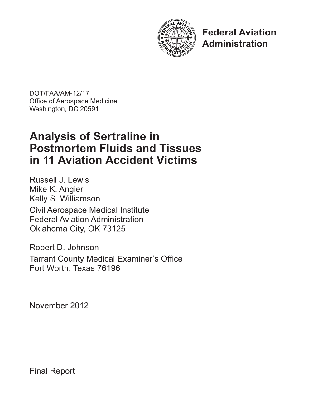 Analysis of Sertraline in Postmortem Fluids and Tissues in 11 Aviation Accident Victims