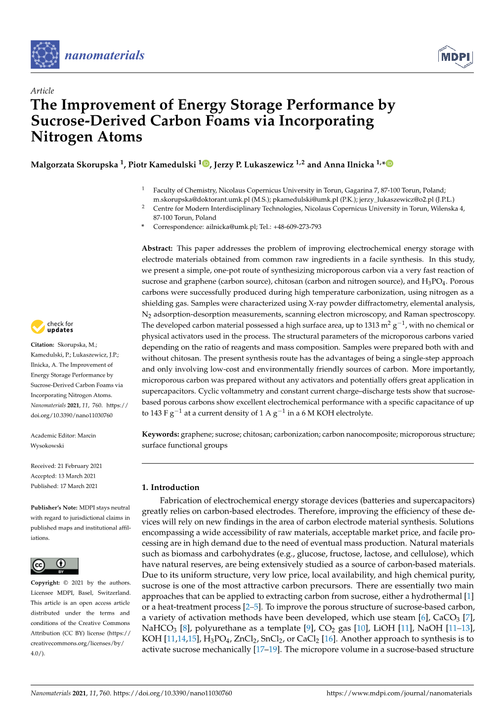 The Improvement of Energy Storage Performance by Sucrose-Derived Carbon Foams Via Incorporating Nitrogen Atoms