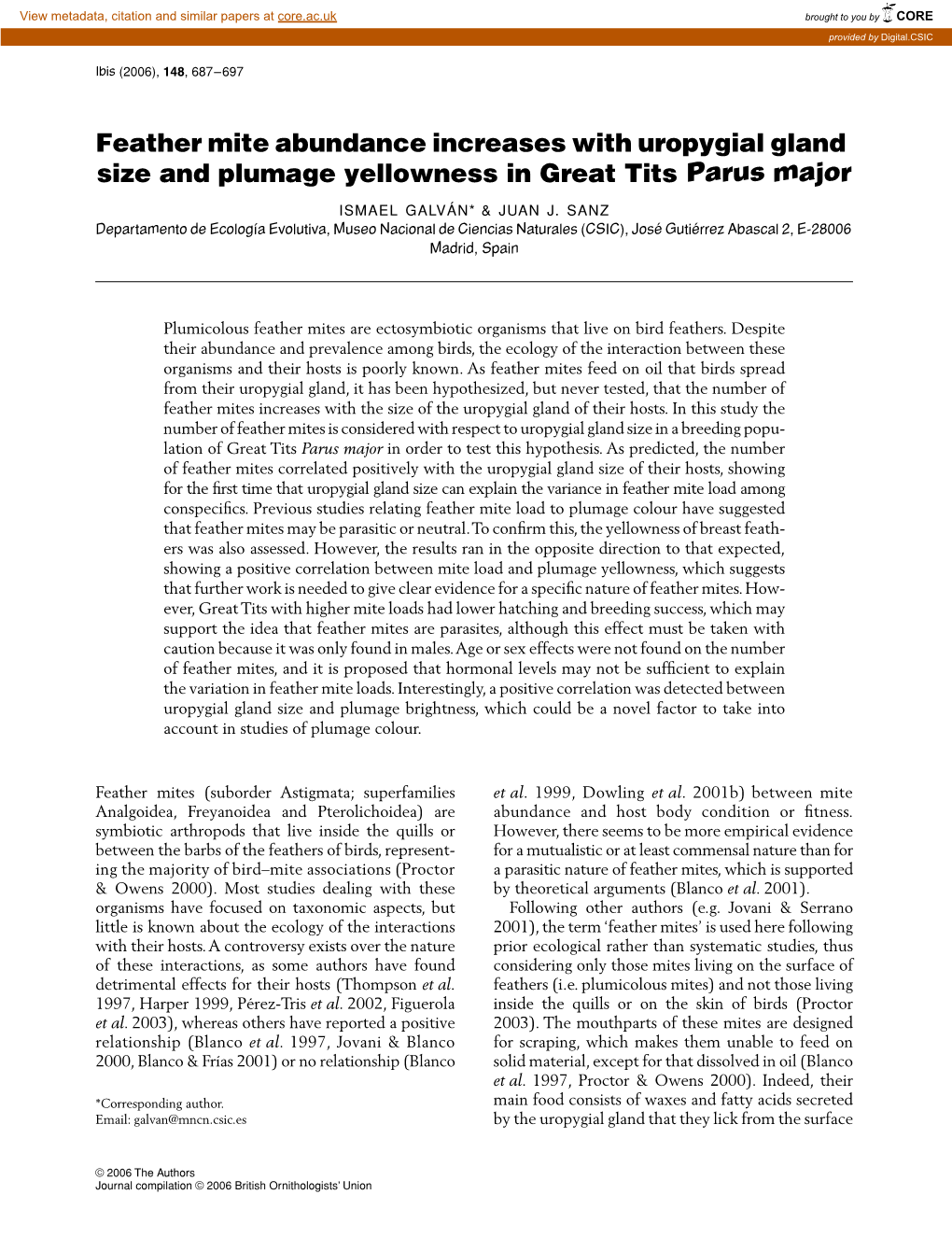 Feather Mite Abundance Increases with Uropygial Gland Size