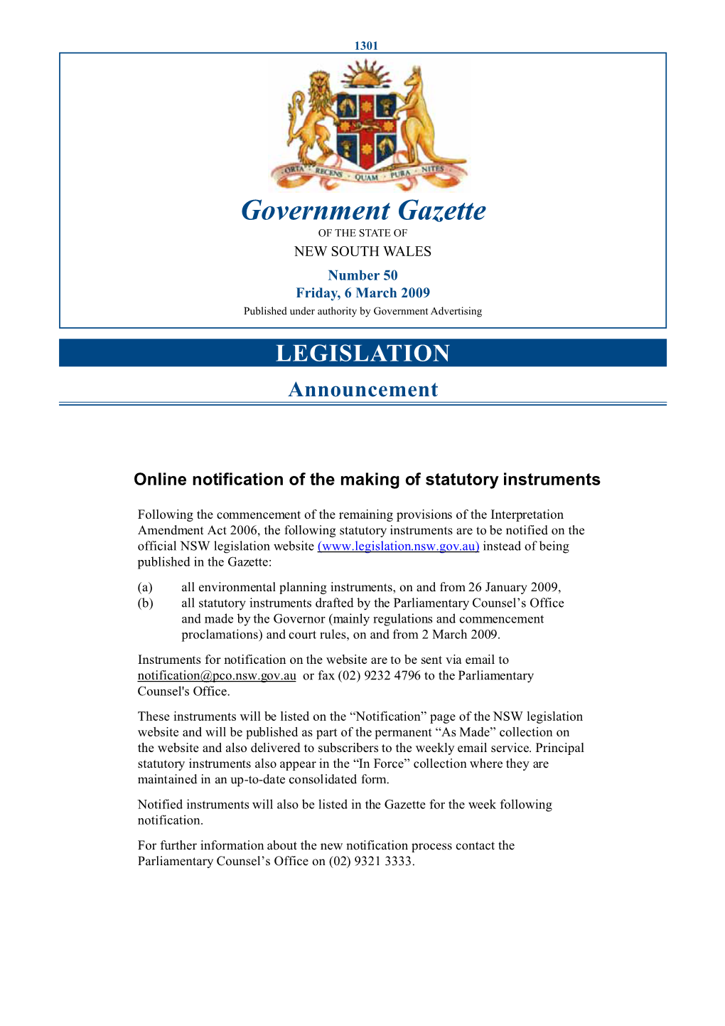 Government Gazette of the STATE of NEW SOUTH WALES Number 50 Friday, 6 March 2009 Published Under Authority by Government Advertising