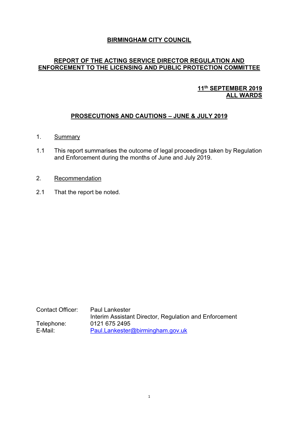 Birmingham City Council Report of the Acting