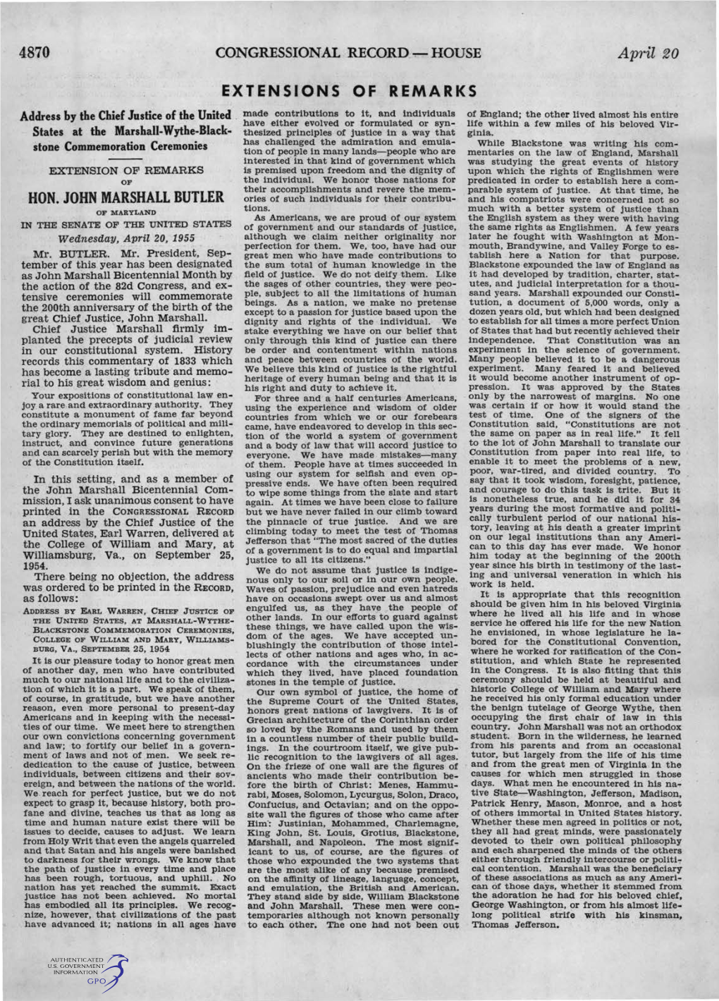 HON. JOHN MARSHALL BUTLER Ories of Such Individuals for Their Contribu­ and His Compatriots Were Concerned Not So of MARYLAND Tions