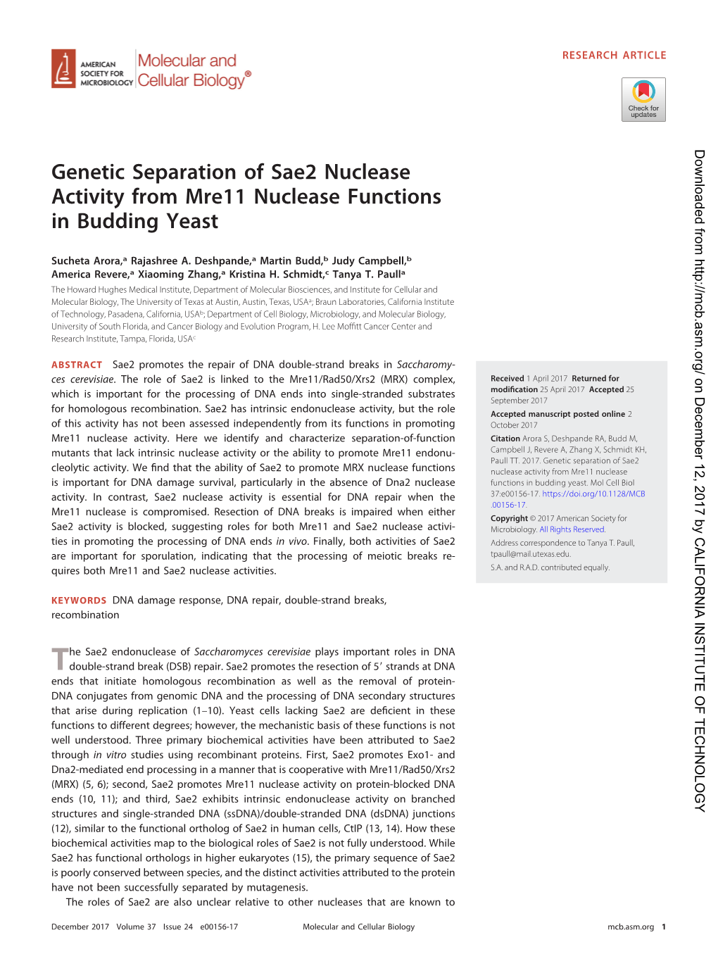 Genetic Separation of Sae2 Nuclease Activity from Mre11 Nuclease Functions in Budding Yeast