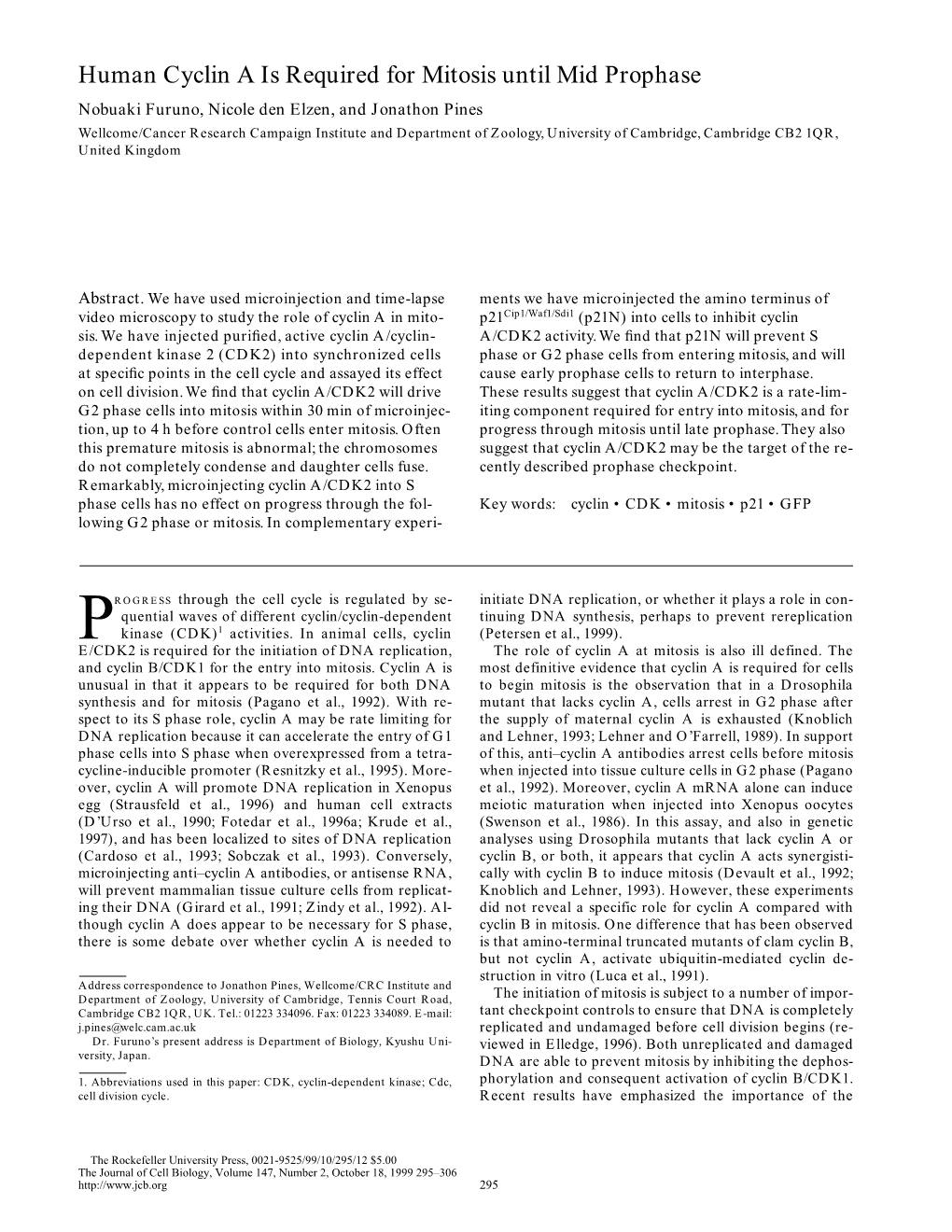 Human Cyclin a Is Required for Mitosis Until Mid Prophase