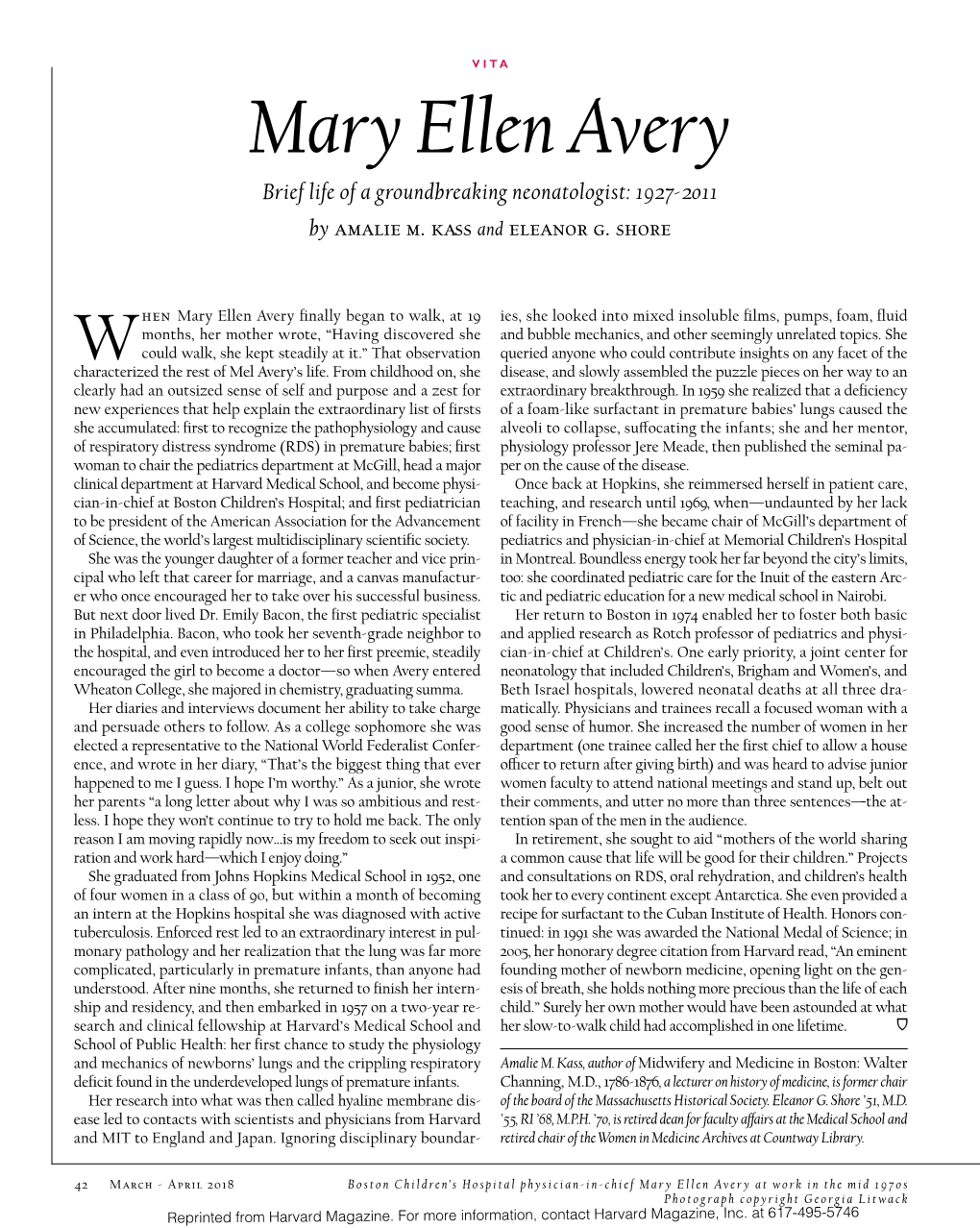 Mary Ellen Avery Brief Life of a Groundbreaking Neonatologist: 1927-2011 by Amalie M