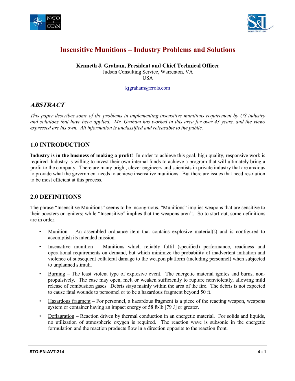 Insensitive Munitions – Industry Problems and Solutions