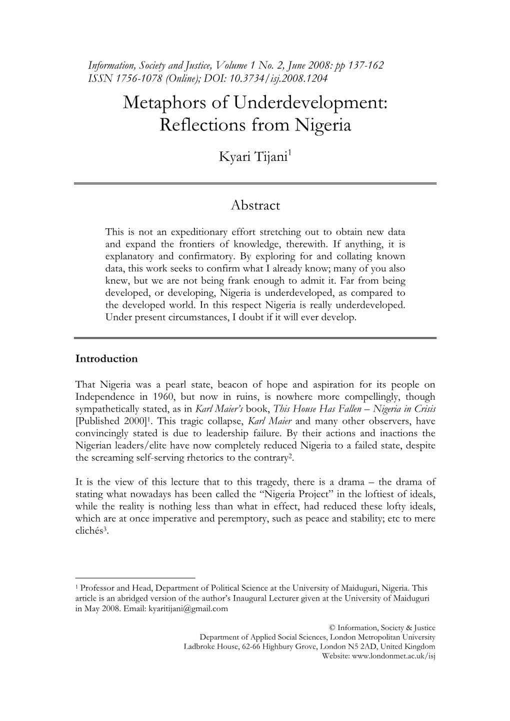 Metaphors of Underdevelopment: Reflections from Nigeria