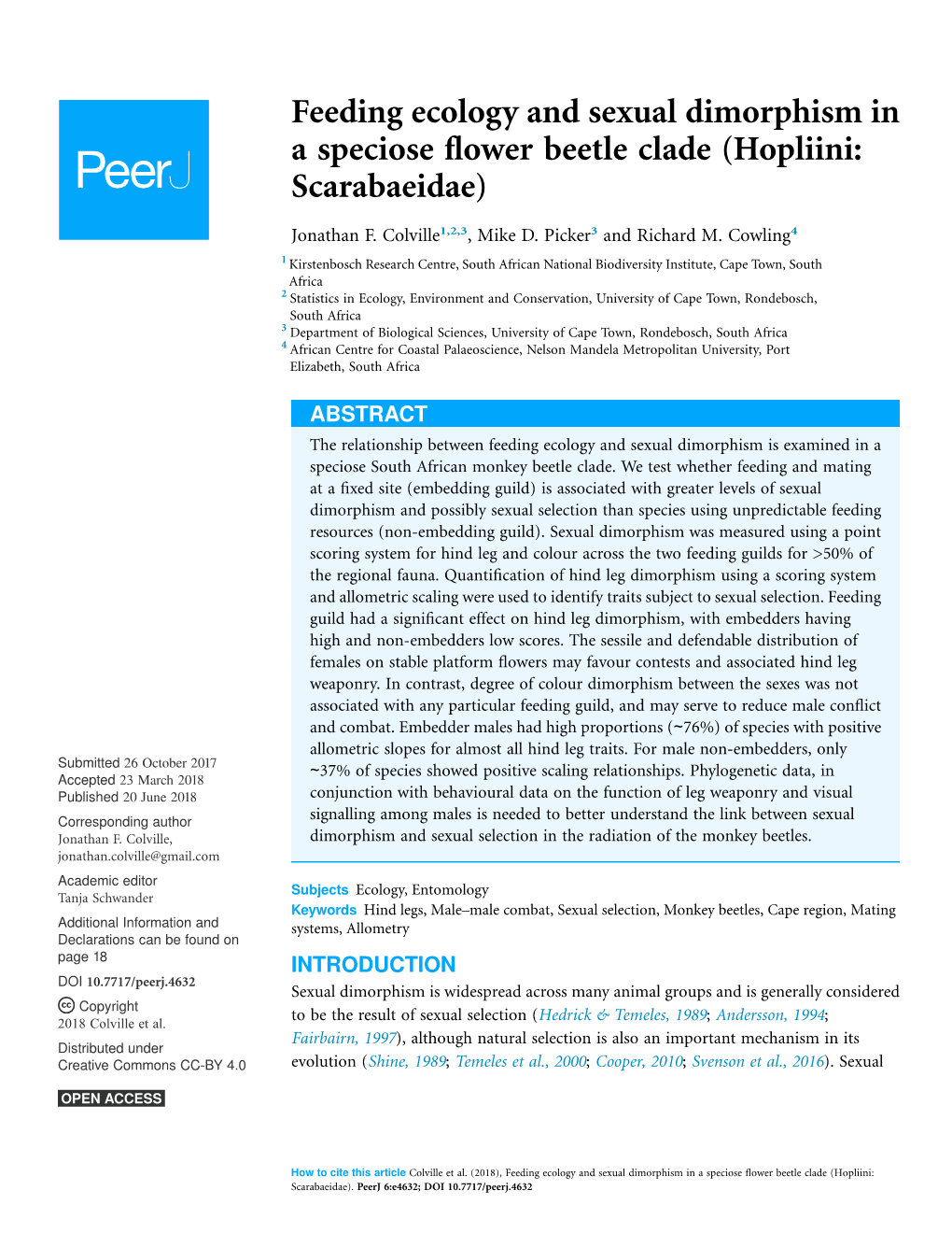 Feeding Ecology and Sexual Dimorphism in a Speciose ﬂower Beetle Clade (Hopliini: Scarabaeidae)