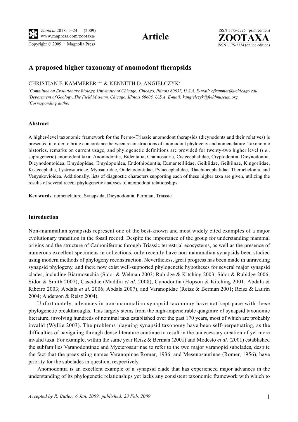 Zootaxa, a Proposed Higher Taxonomy of Anomodont Therapsids