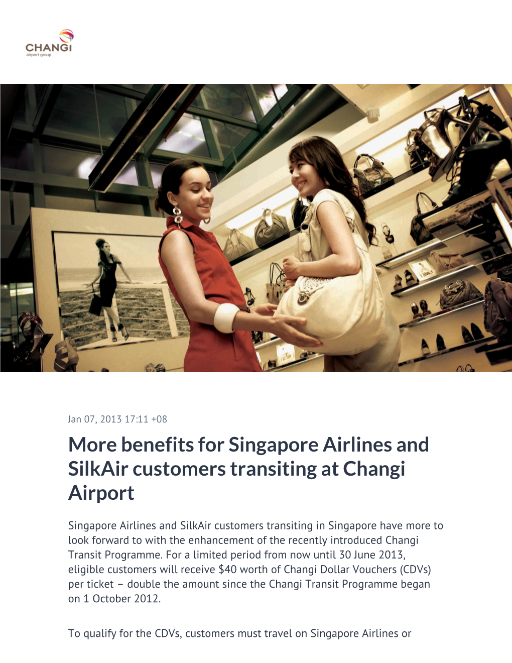 Benefits for Singapore Airlines and Silkair Customers Transiting at Changi Airport