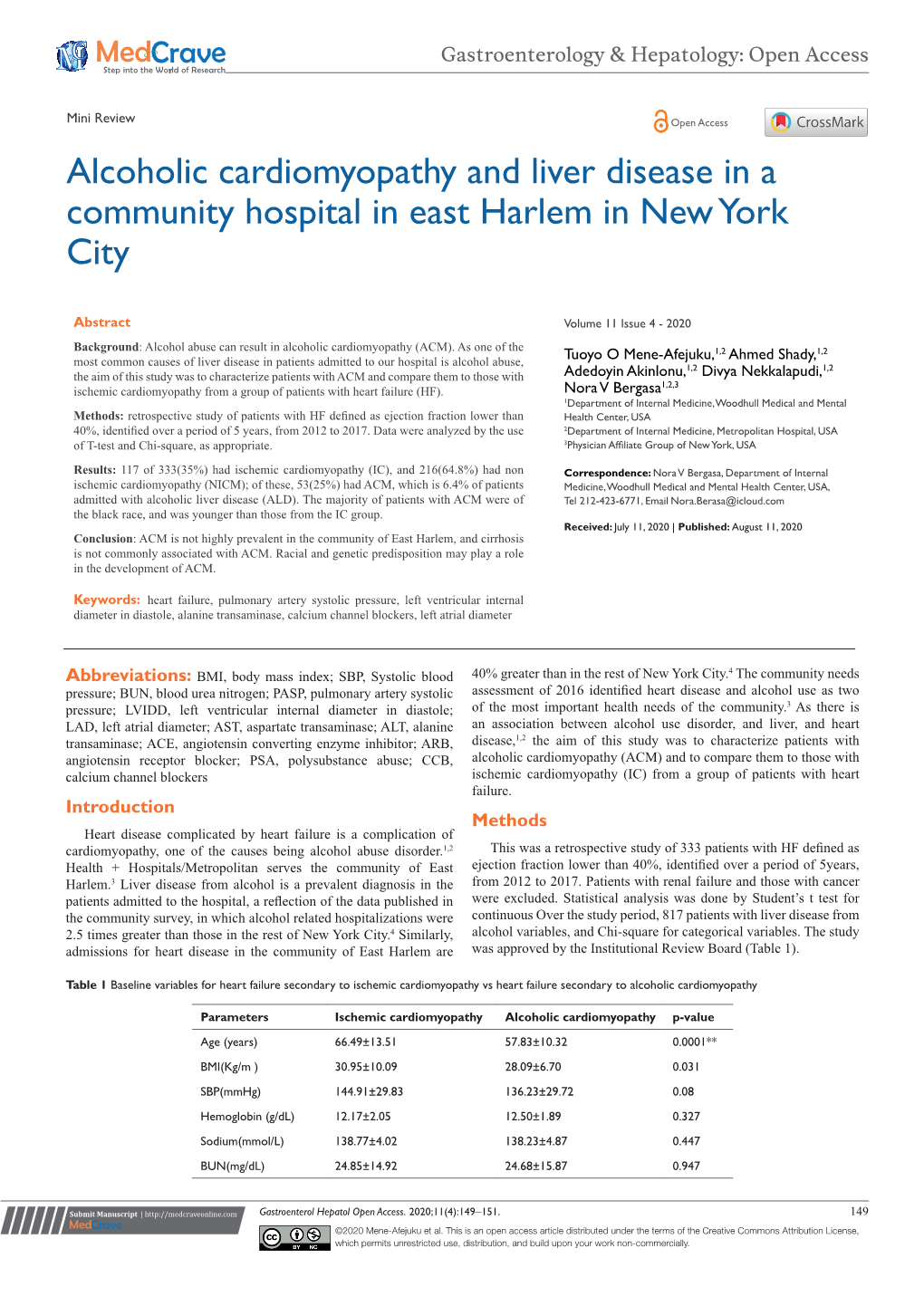 Alcoholic Cardiomyopathy and Liver Disease in a Community Hospital in East Harlem in New York City