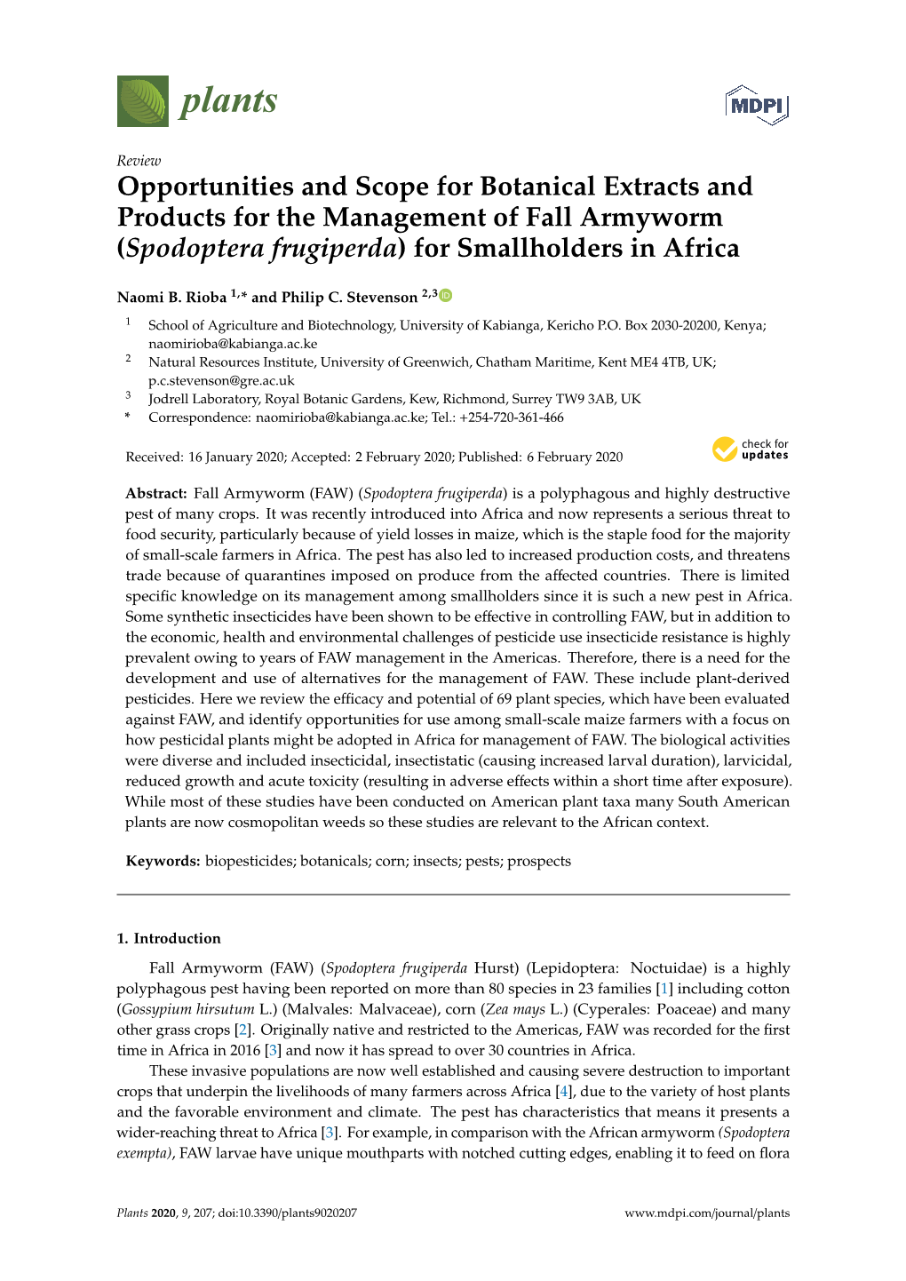 Opportunities and Scope for Botanical Extracts and Products for the Management of Fall Armyworm (Spodoptera Frugiperda) for Smallholders in Africa