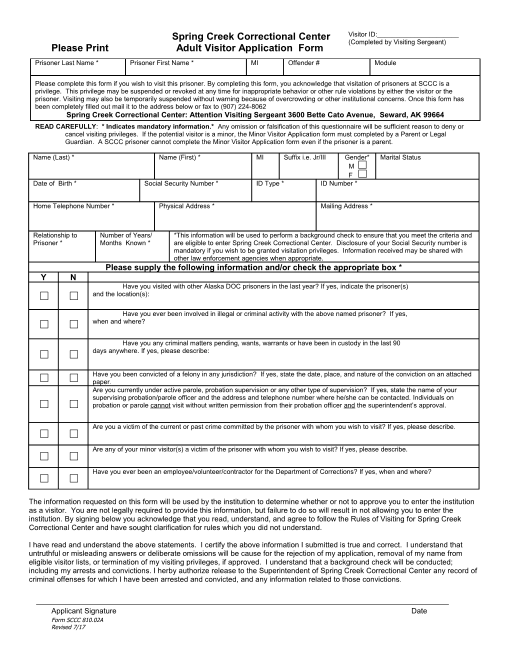 Spring Creek Correctional Center Visitor Adult Application