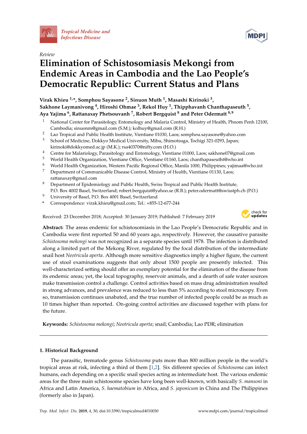 Elimination of Schistosomiasis Mekongi from Endemic Areas in Cambodia and the Lao People’S Democratic Republic: Current Status and Plans