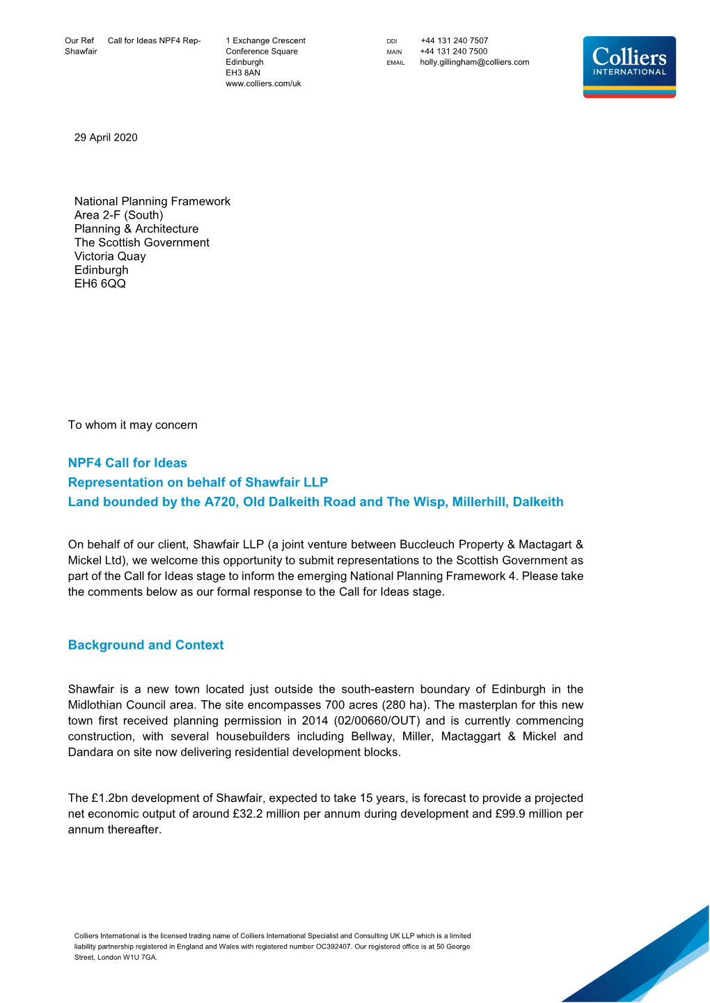 NPF4 Call for Ideas Representation on Behalf of Shawfair LLP Land Bounded by the A720, Old Dalkeith Road and the Wisp, Millerhill, Dalkeith