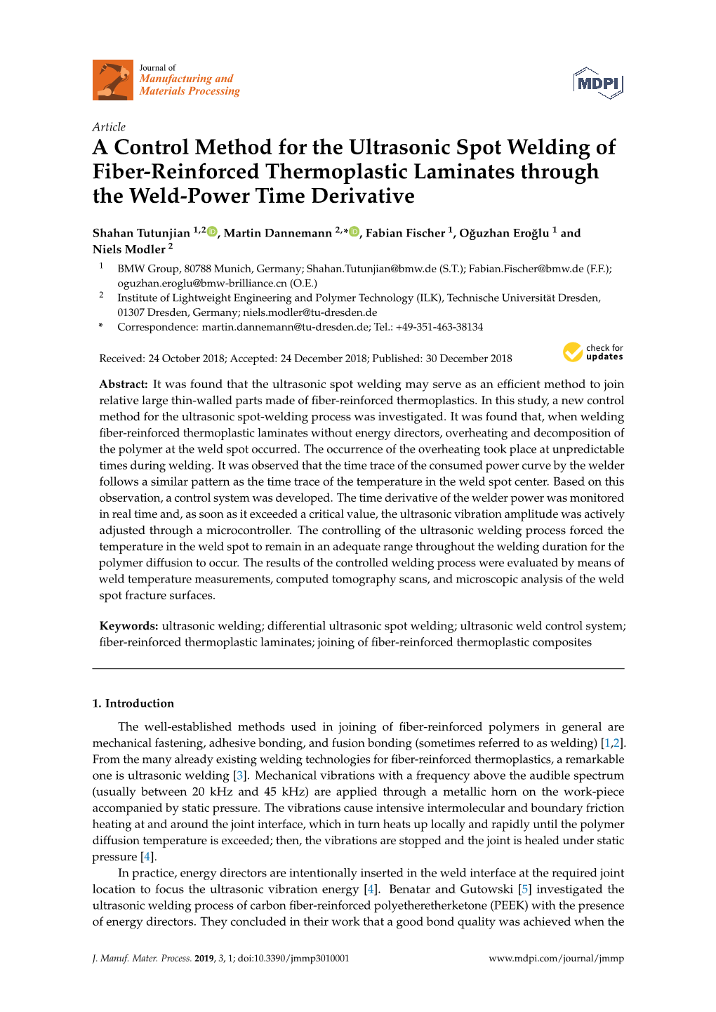 A Control Method for the Ultrasonic Spot Welding of Fiber-Reinforced Thermoplastic Laminates Through the Weld-Power Time Derivative