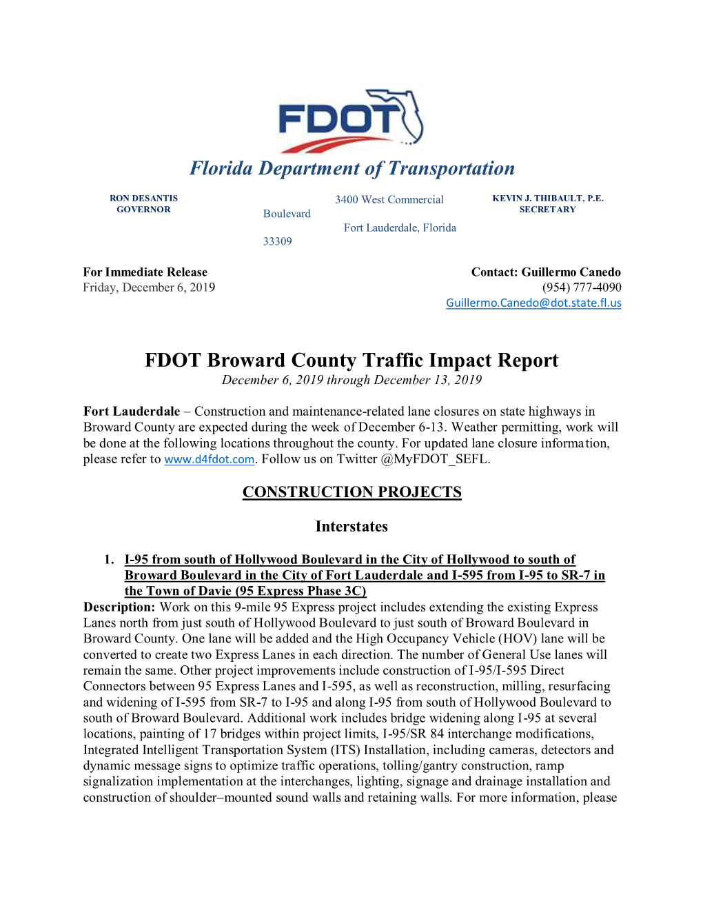 Florida Department of Transportation FDOT Broward County Traffic