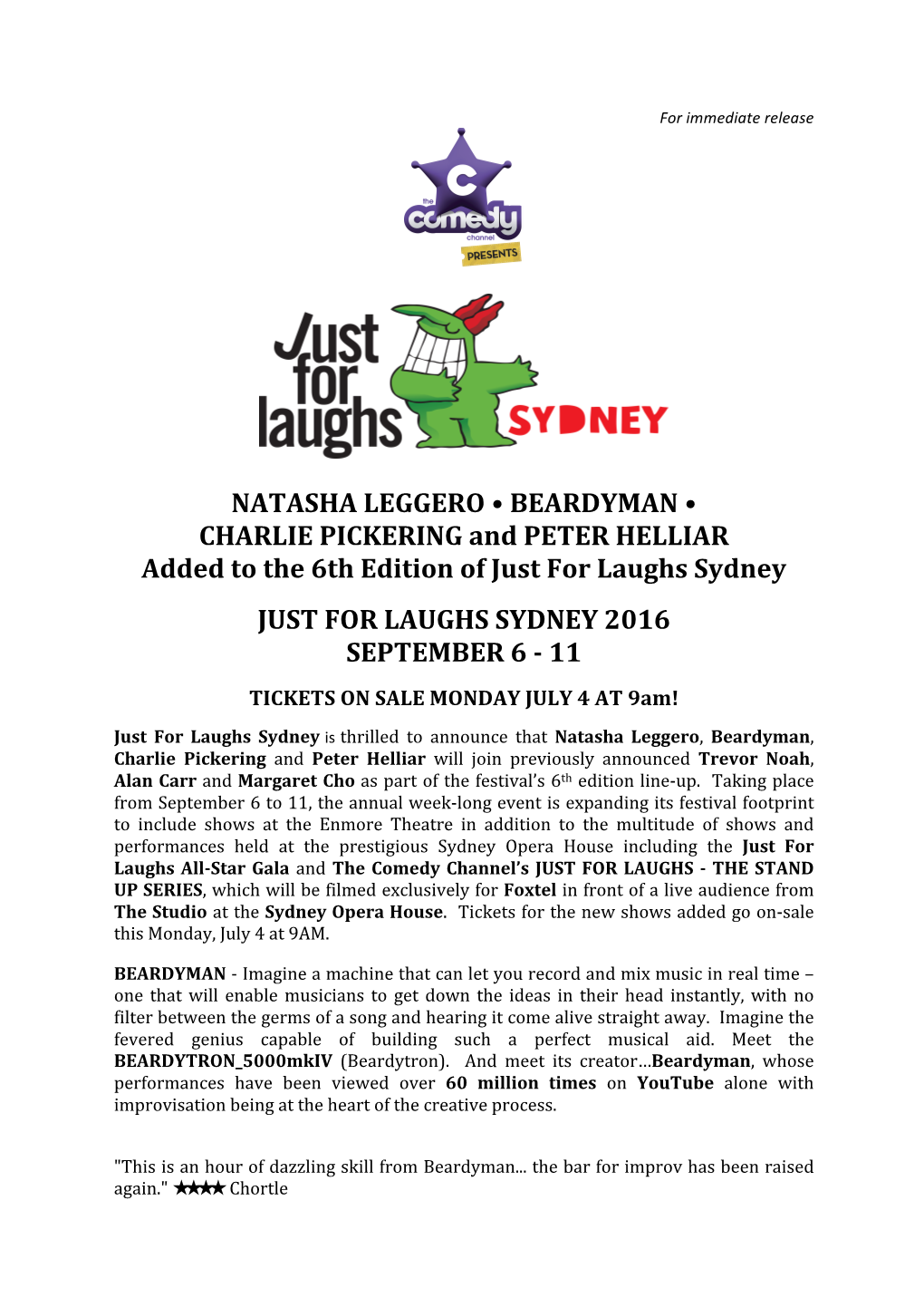 NATASHA LEGGERO • BEARDYMAN • CHARLIE PICKERING and PETER HELLIAR Added to the 6Th Edition of Just for Laughs Sydney