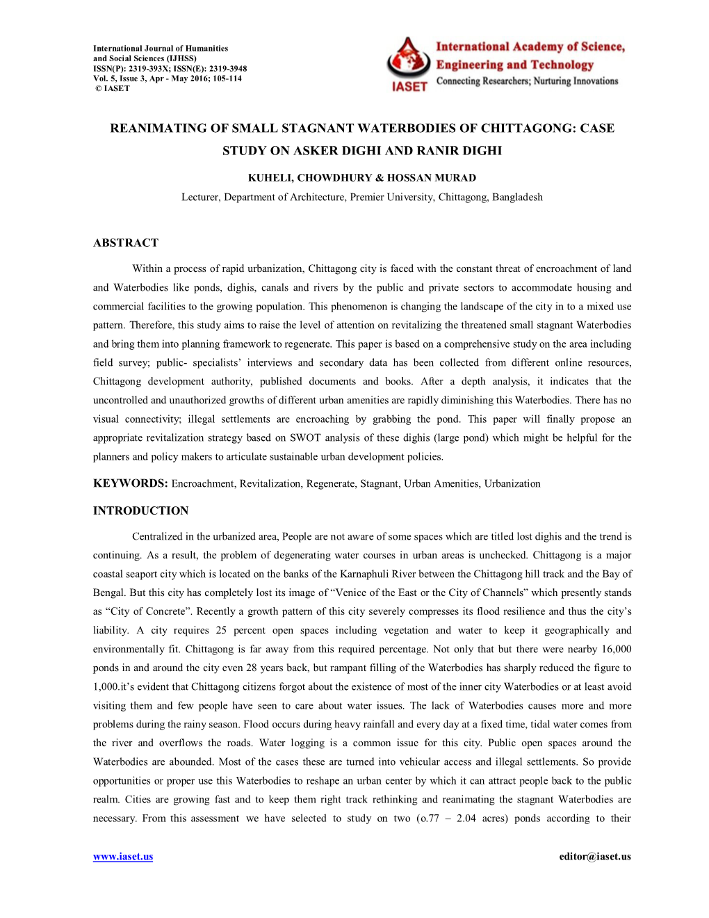 Reanimating of Small Stagnant Waterbodies of Chittagong: Case Study on Asker Dighi and Ranir Dighi