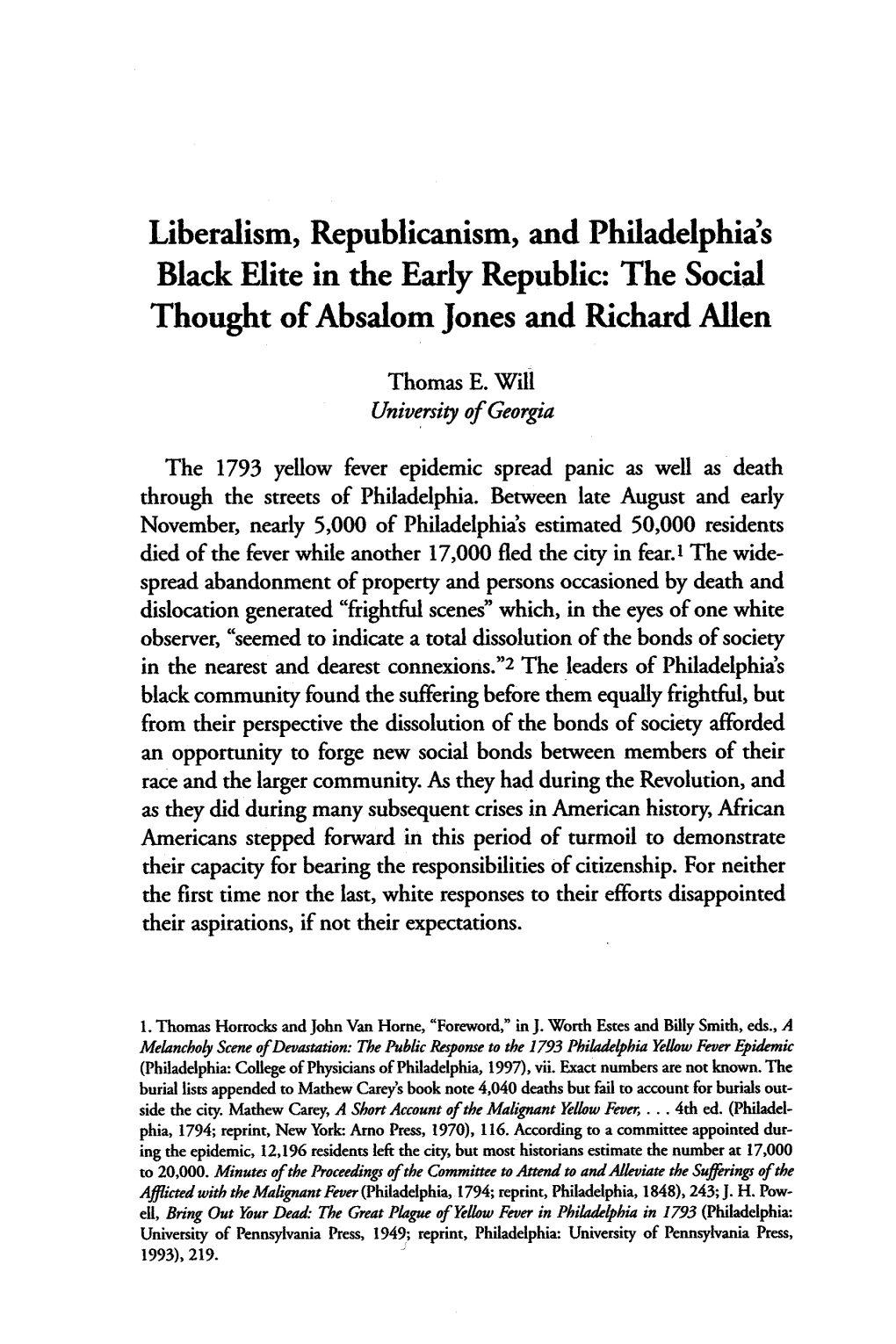 Liberalism, Republicanism, and Philadelphia's Black Elite in the Early Republic: the Social Thought of Absalom Jones and Richard Allen