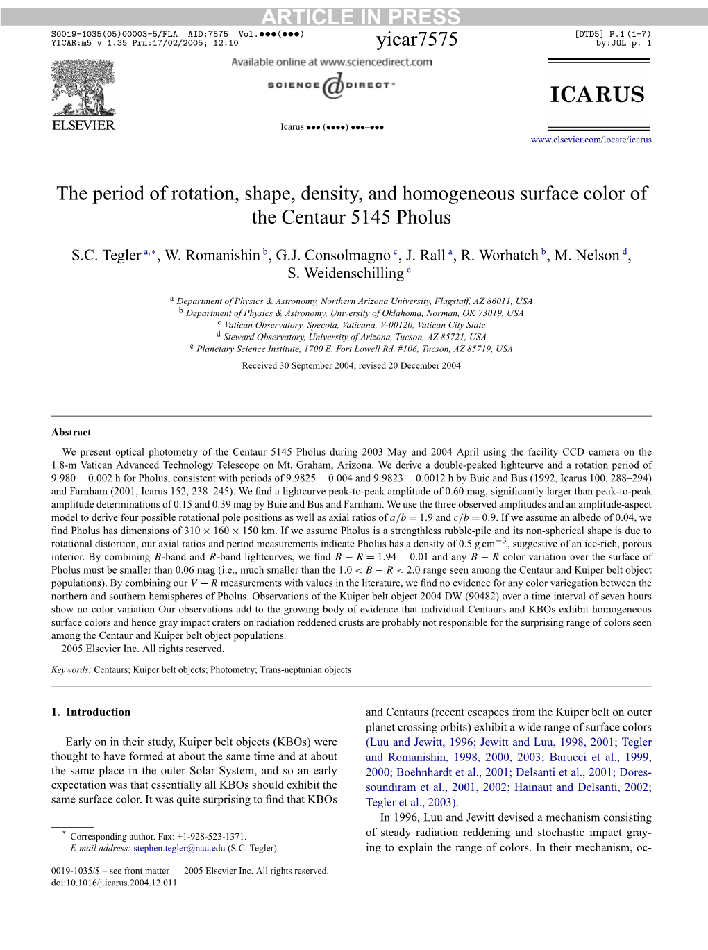 Period of Rotation, Shape, Density, and Homogeneous Surface Color of the Centaur 5145 Pholus