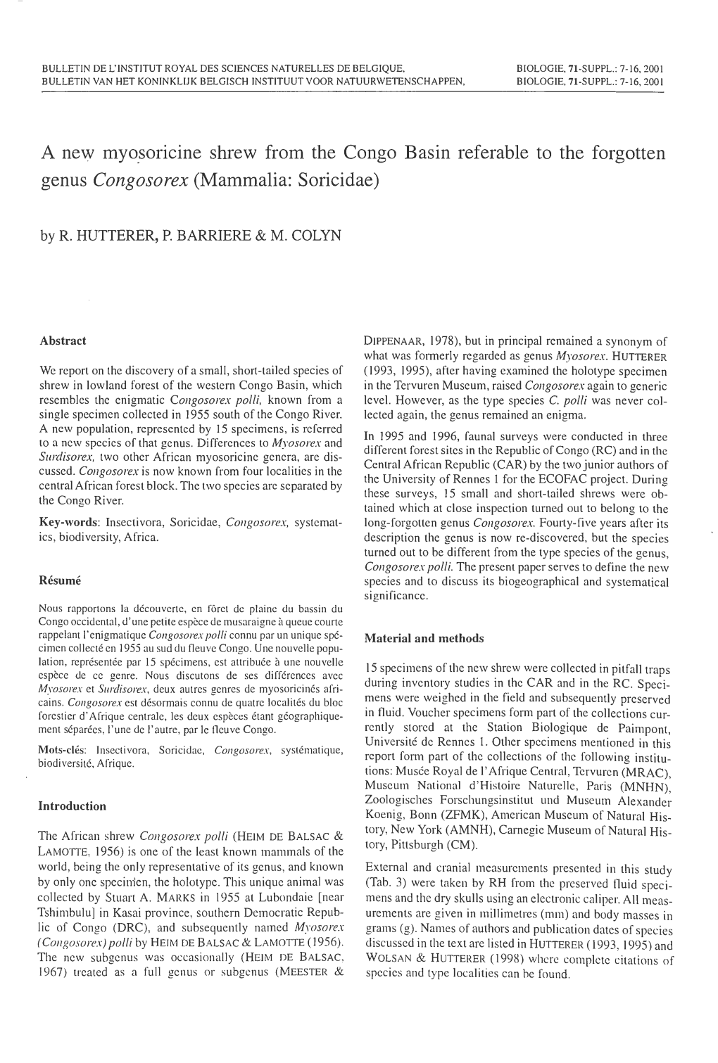 A New Myosoricine Shrew from the Congo Basin Referable to the Forgotten Genus Congosorex (Mammalia: Soricidae) by R