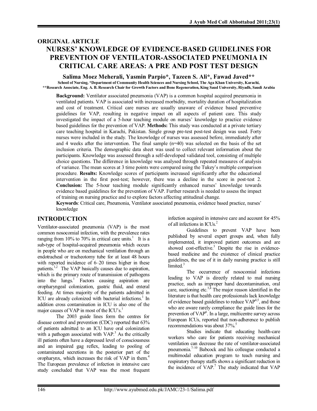 Nurses' Knowledge of Evidence-Based Guidelines for Prevention of Ventilator-Associated Pneumonia in Critical Care Areas