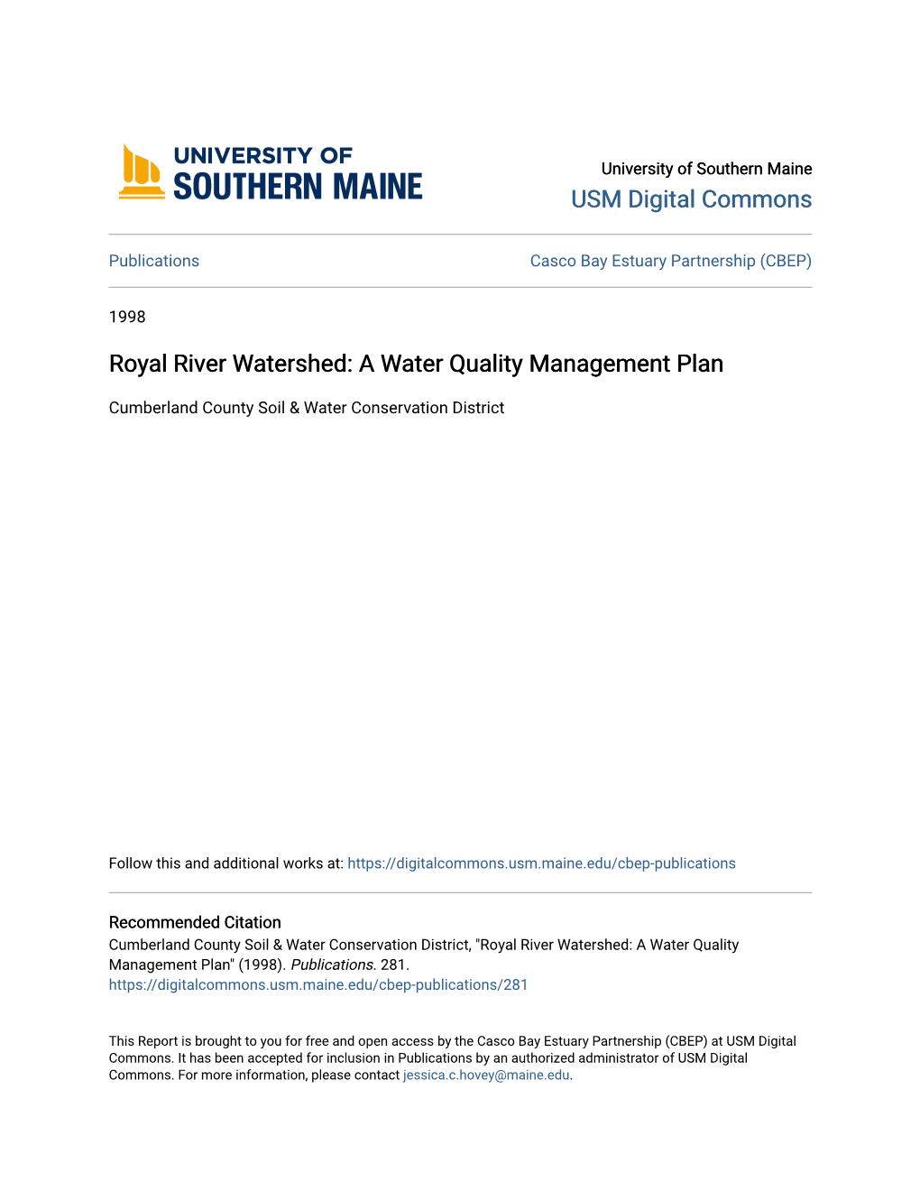Royal River Watershed: a Water Quality Management Plan
