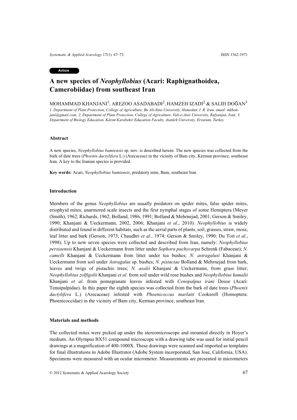 A New Species of Neophyllobius (Acari: Raphignathoidea, Camerobiidae) from Southeast Iran