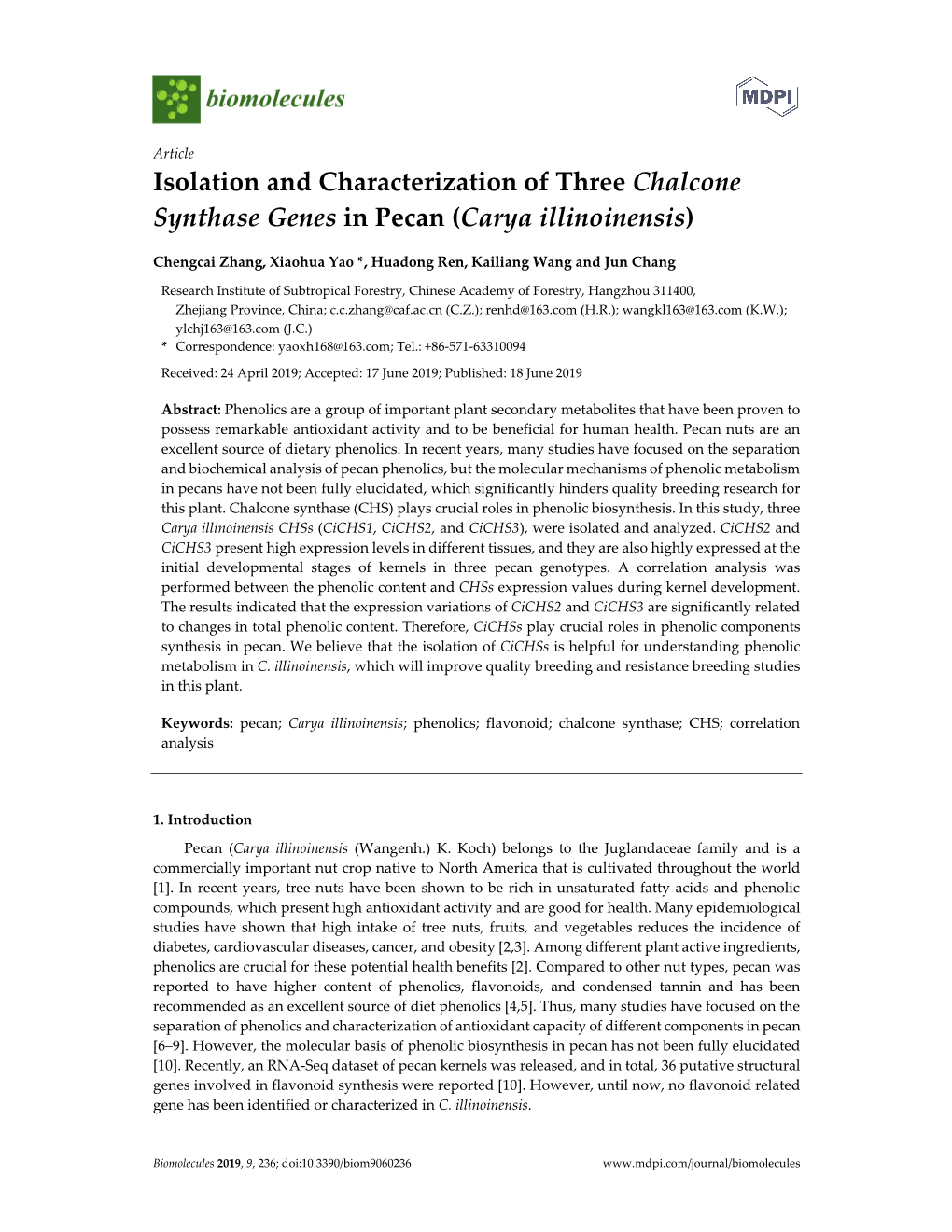 Isolation and Characterization of Three Chalcone Synthase Genes in Pecan (Carya Illinoinensis)