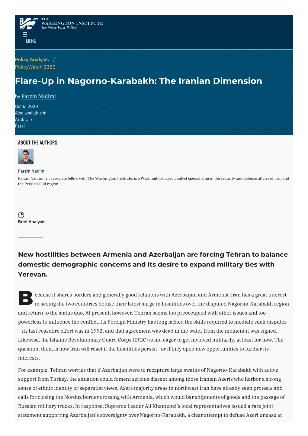 Flare-Up in Nagorno-Karabakh: the Iranian Dimension | the Washington Institute