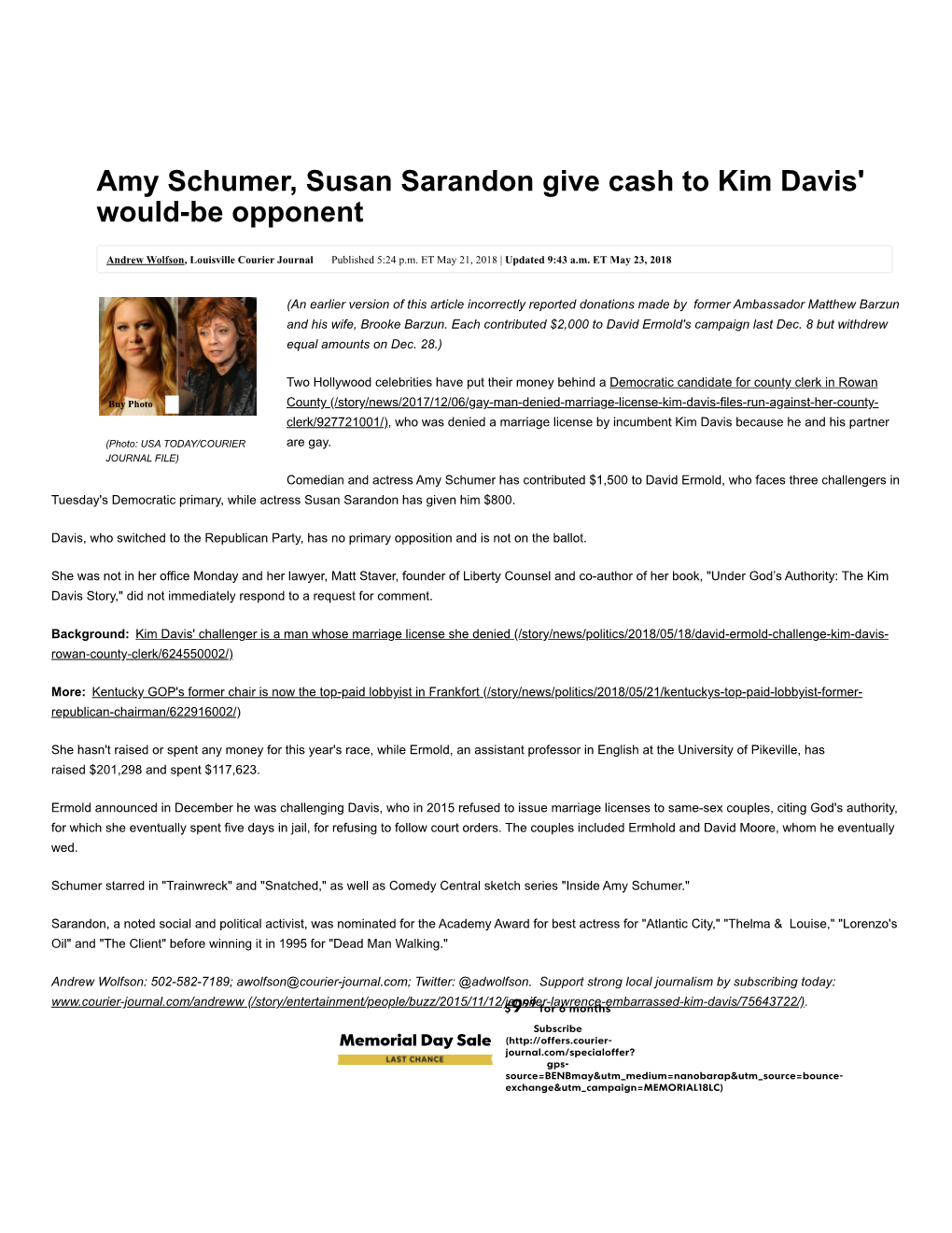 Amy Schumer, Susan Sarandon Give Cqsh to Kim Davis' Would-Be