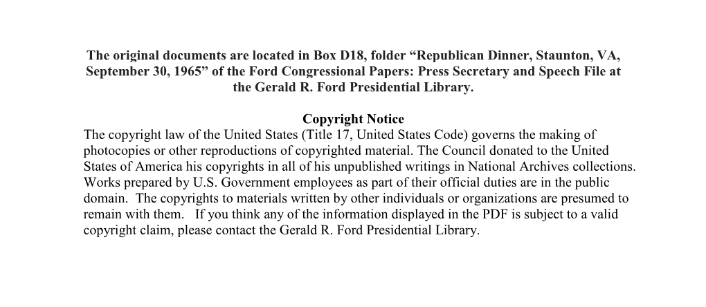 Republican Dinner, Staunton, VA, September 30, 1965” of the Ford Congressional Papers: Press Secretary and Speech File at the Gerald R