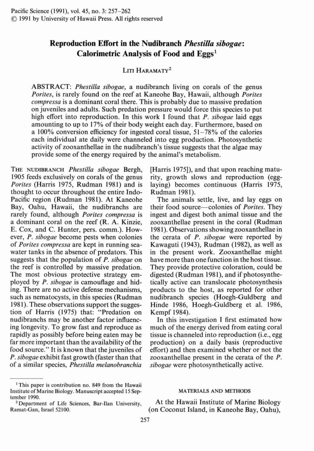 Reproduction Effort in the Nudibranch Phestilla Sihogae: Calorimetric Analysis of Food and Eggs1