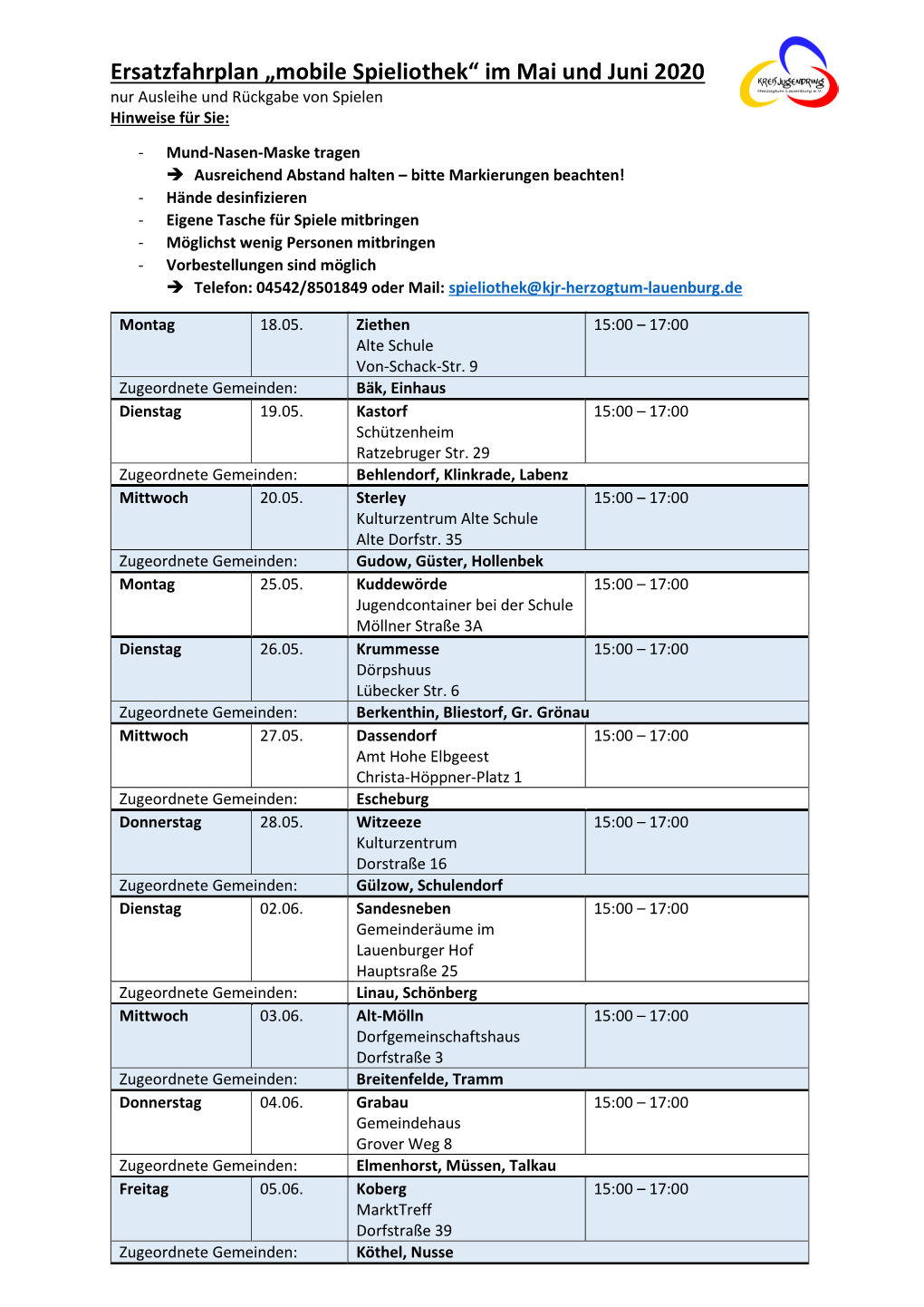 Ersatzfahrplan „Mobile Spieliothek“ Im Mai Und Juni 2020 Nur Ausleihe Und Rückgabe Von Spielen Hinweise Für Sie