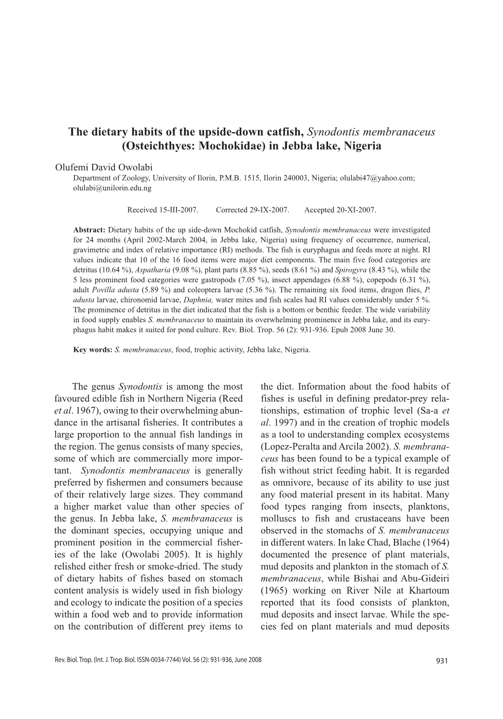 The Dietary Habits of the Upside-Down Catfish, Synodontis Membranaceus (Osteichthyes: Mochokidae) in Jebba Lake, Nigeria