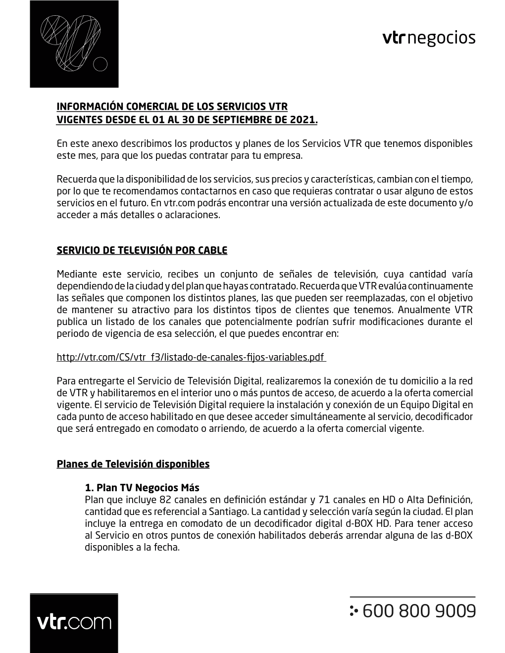 Información Comercial De Los Servicios Vtr Vigentes Desde El 01 Al 30 De Septiembre De 2021