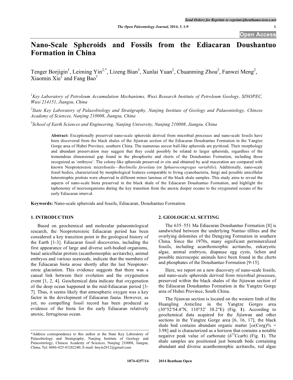 Nano-Scale Spheroids and Fossils from the Ediacaran Doushantuo Formation in China