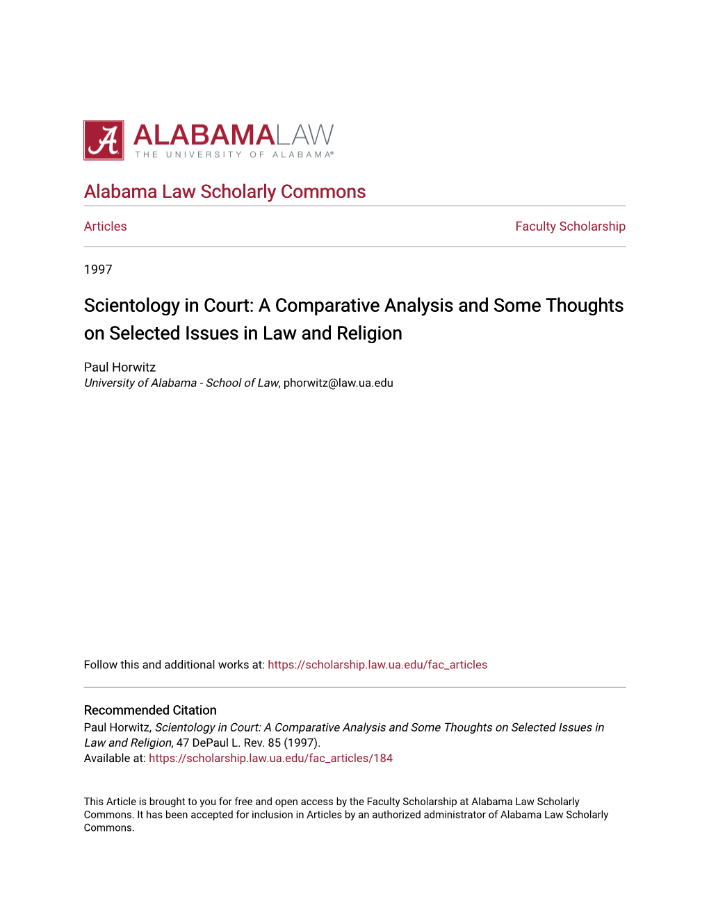 Scientology in Court: a Comparative Analysis and Some Thoughts on Selected Issues in Law and Religion